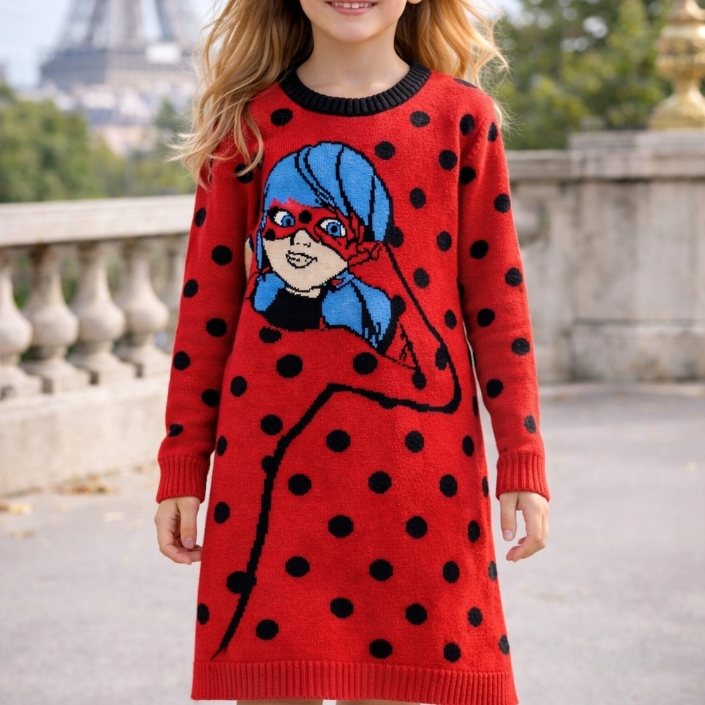 Miraculous Ladybug Red Polka Dot Knit Sweater Dress Girls 7–8 Fandom Whimsical